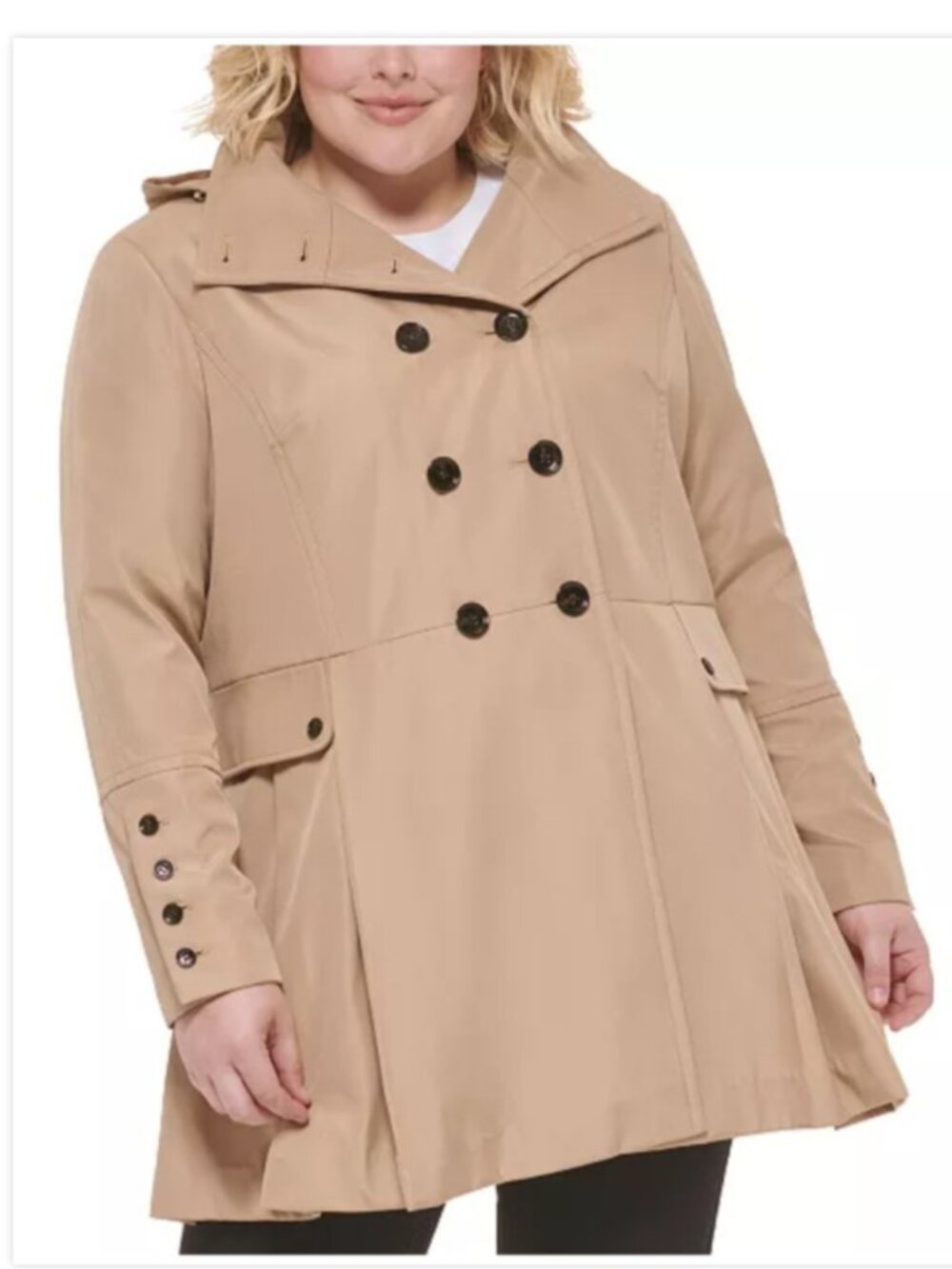 Calvin Klein Hooded Double-Breasted Skirted Rain Trench Coat Pockets